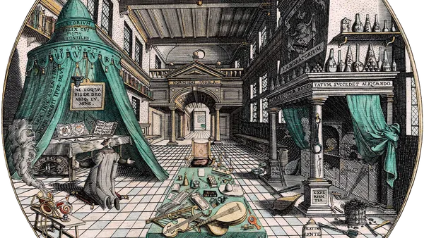 Il laboratorio dell'alchimista, incisione rinascimentale di Hans Vredeman de Vries